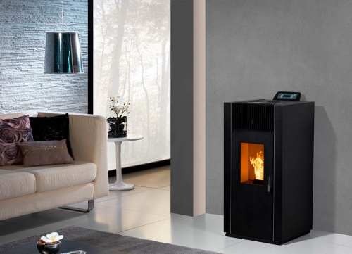 Image sur Poêle à granulés 9 kW Ebony avec ventilation frontale et détails en inox